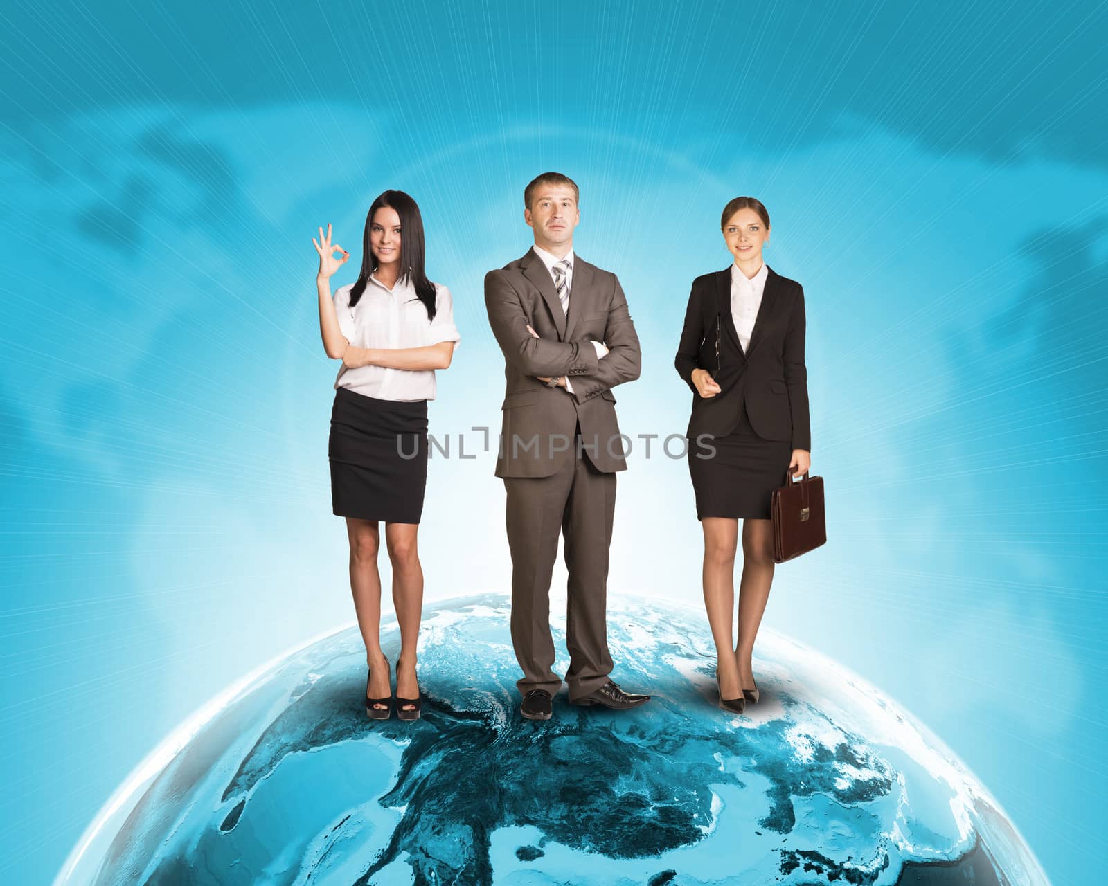 Business people in suit standing on Earth surface. Background is world map with blue gradient. Elements of this image furnished by NASA