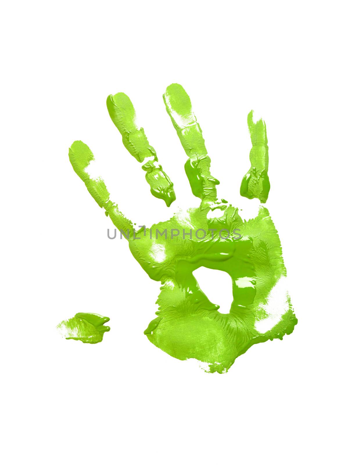 Green handprint on white background