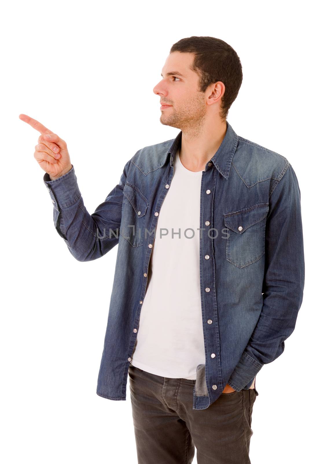 young casual man pointing, isolated on white