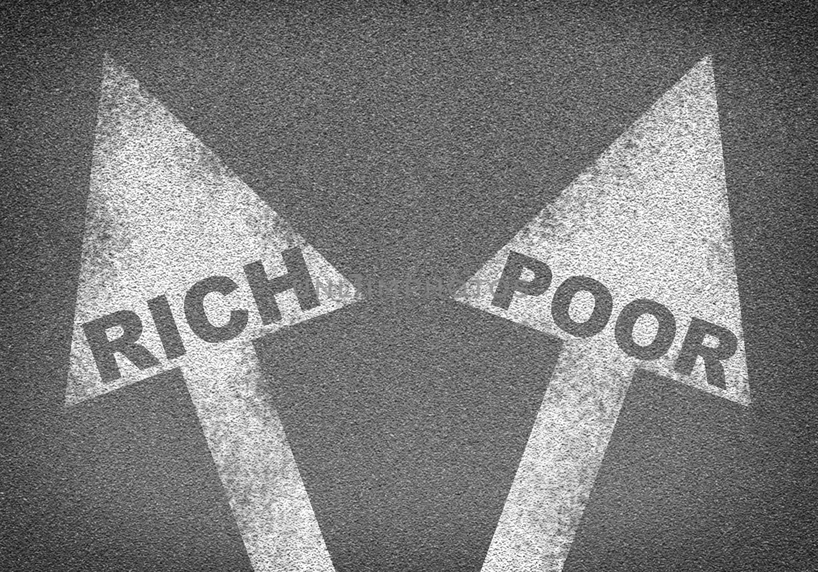 Asphalt road texture with two arrows. Words rich and poor by cherezoff