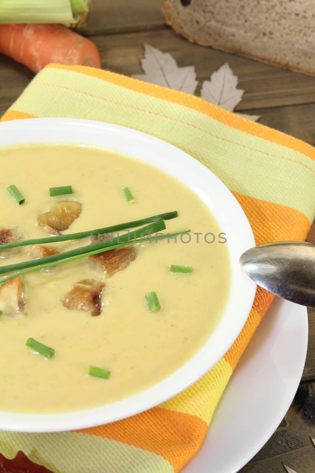 hot homemade chestnut soup with chives