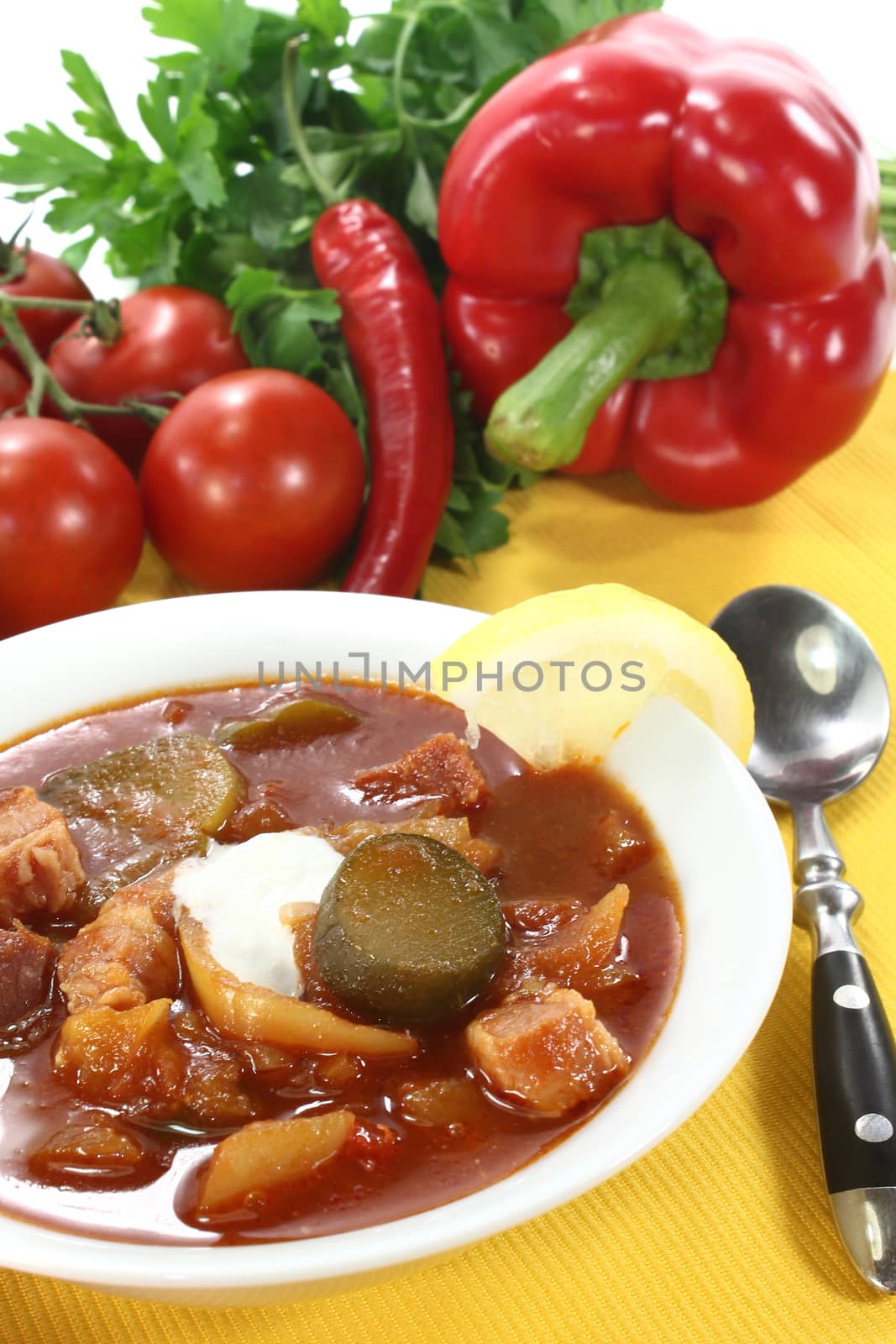 Soljanka in a soup bowl with bread on a light background