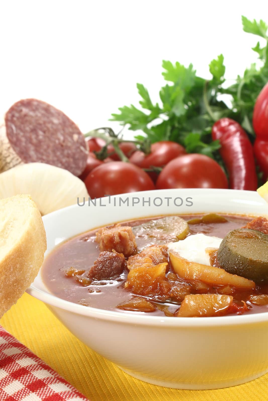 Soljanka in a soup bowl with salami on a light background
