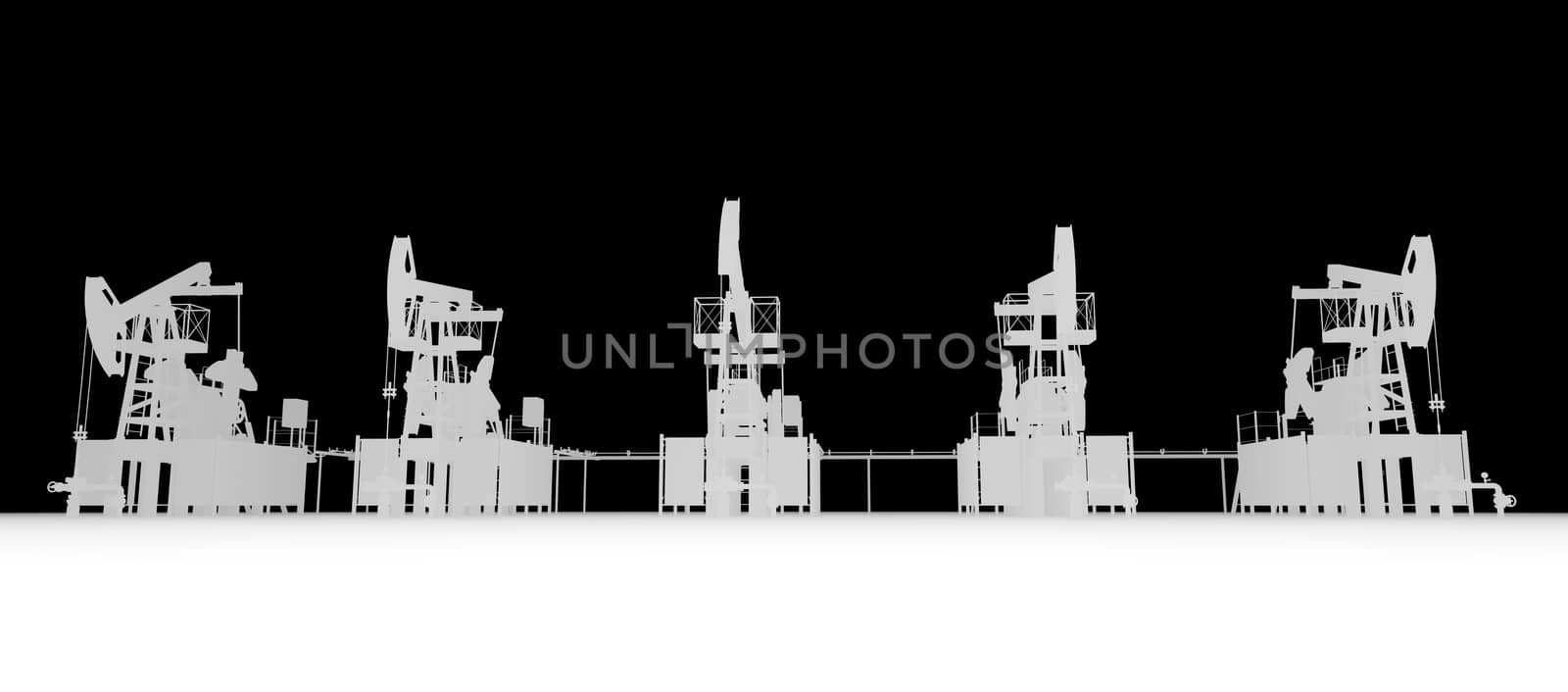 Gray silhuettes of oil pump-jacks. Front view by cherezoff