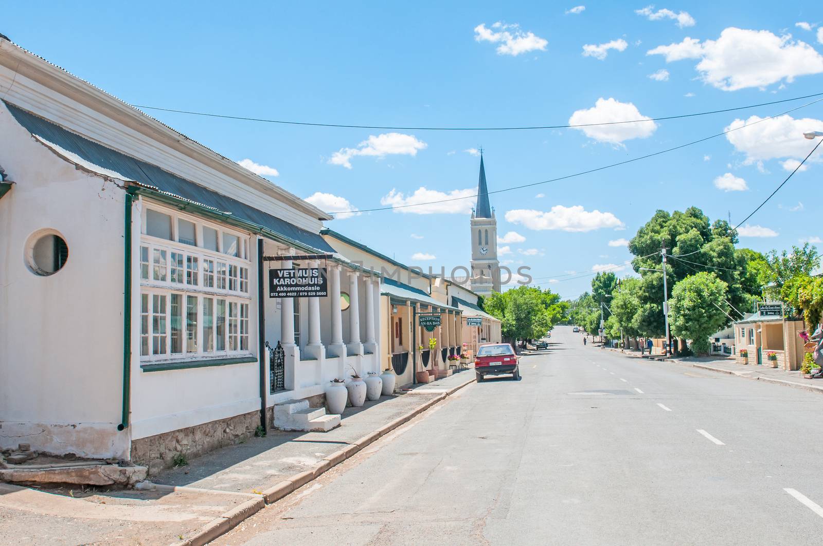 RICHMOND, SOUTH AFRICA - DECEMBER 1, 2014: Street scene with the historic Dutch Reformed Church iin the background