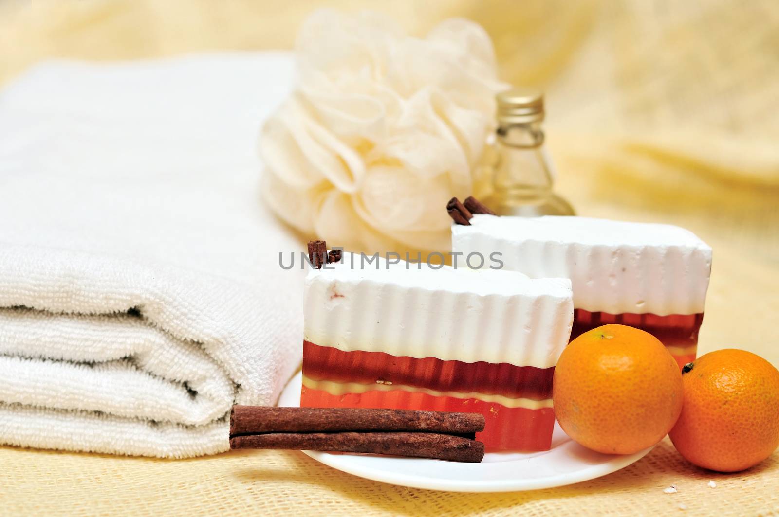 elements of spa: homemade soap, towel and so on