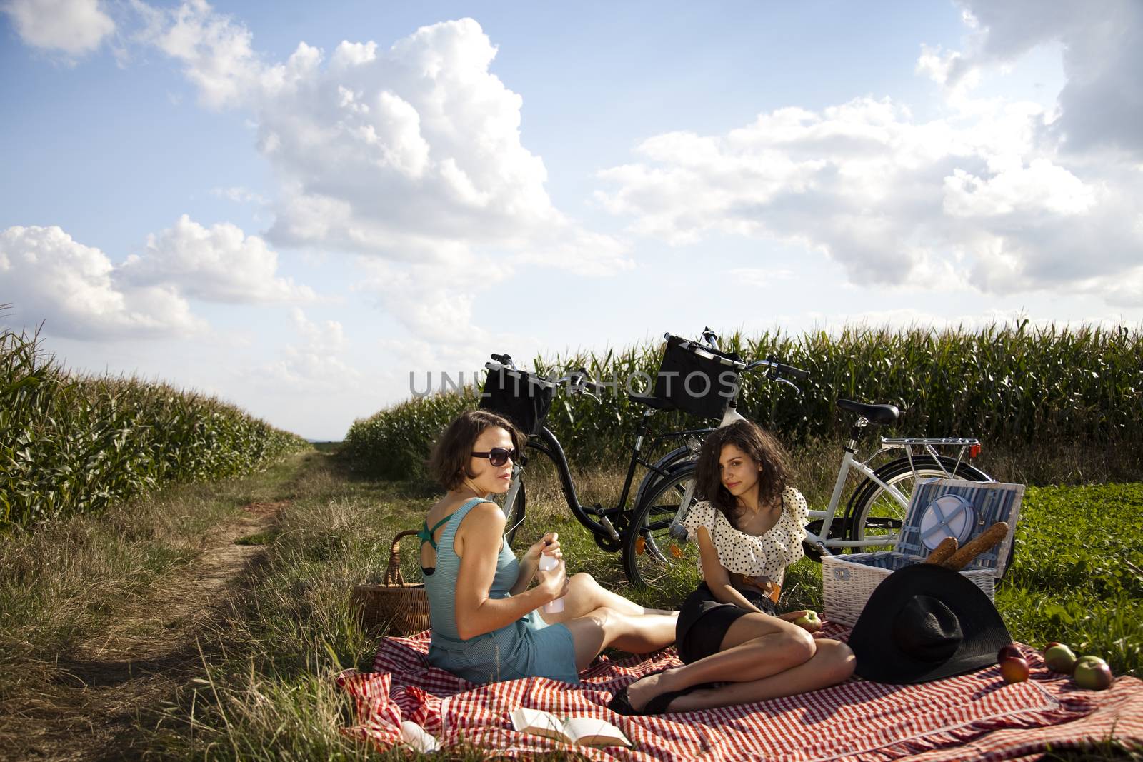 Girls on picnic, summer free time spending