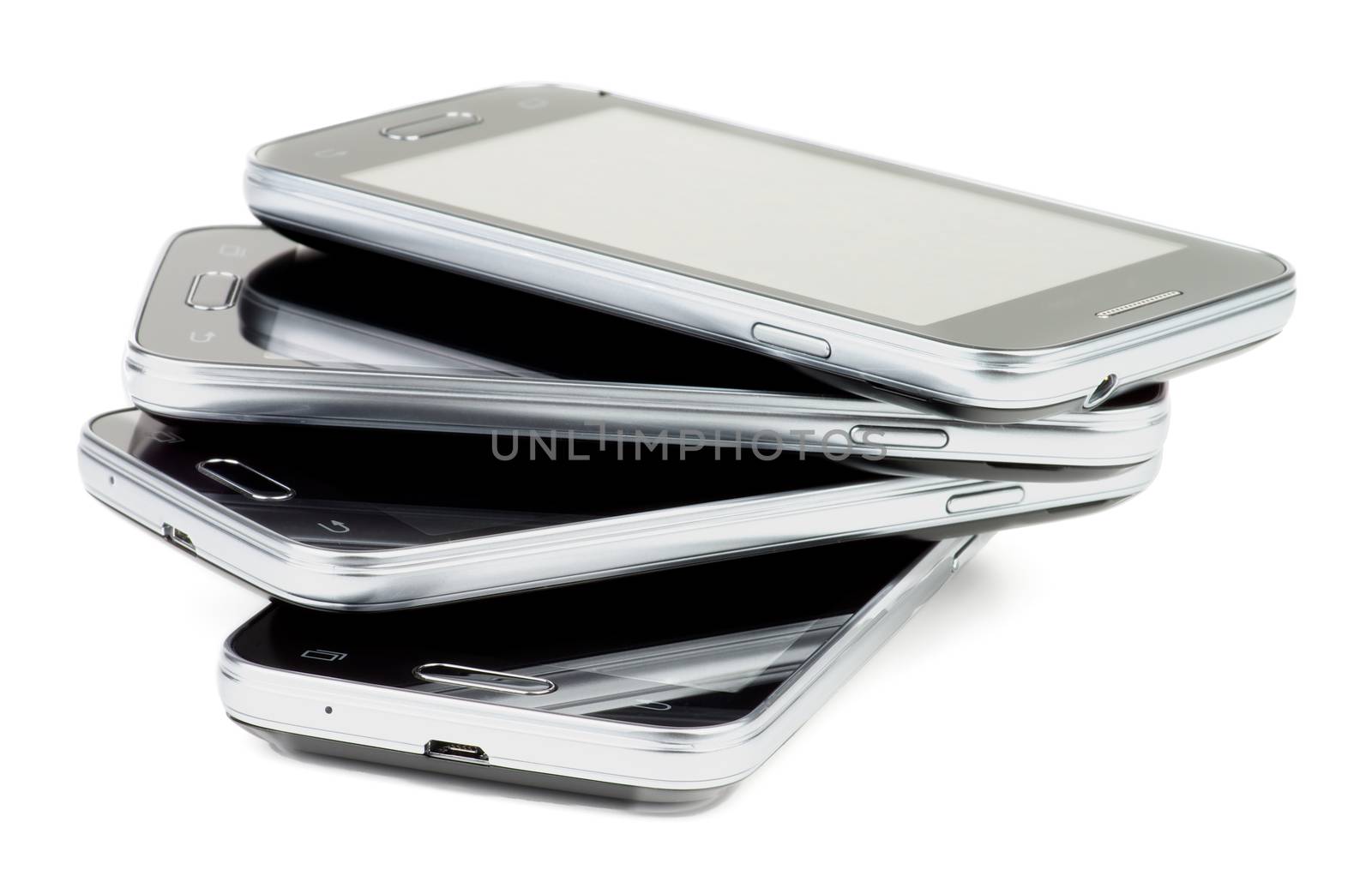 Pile of Contemporary Black Smartphones with Silver Details isolated on white background