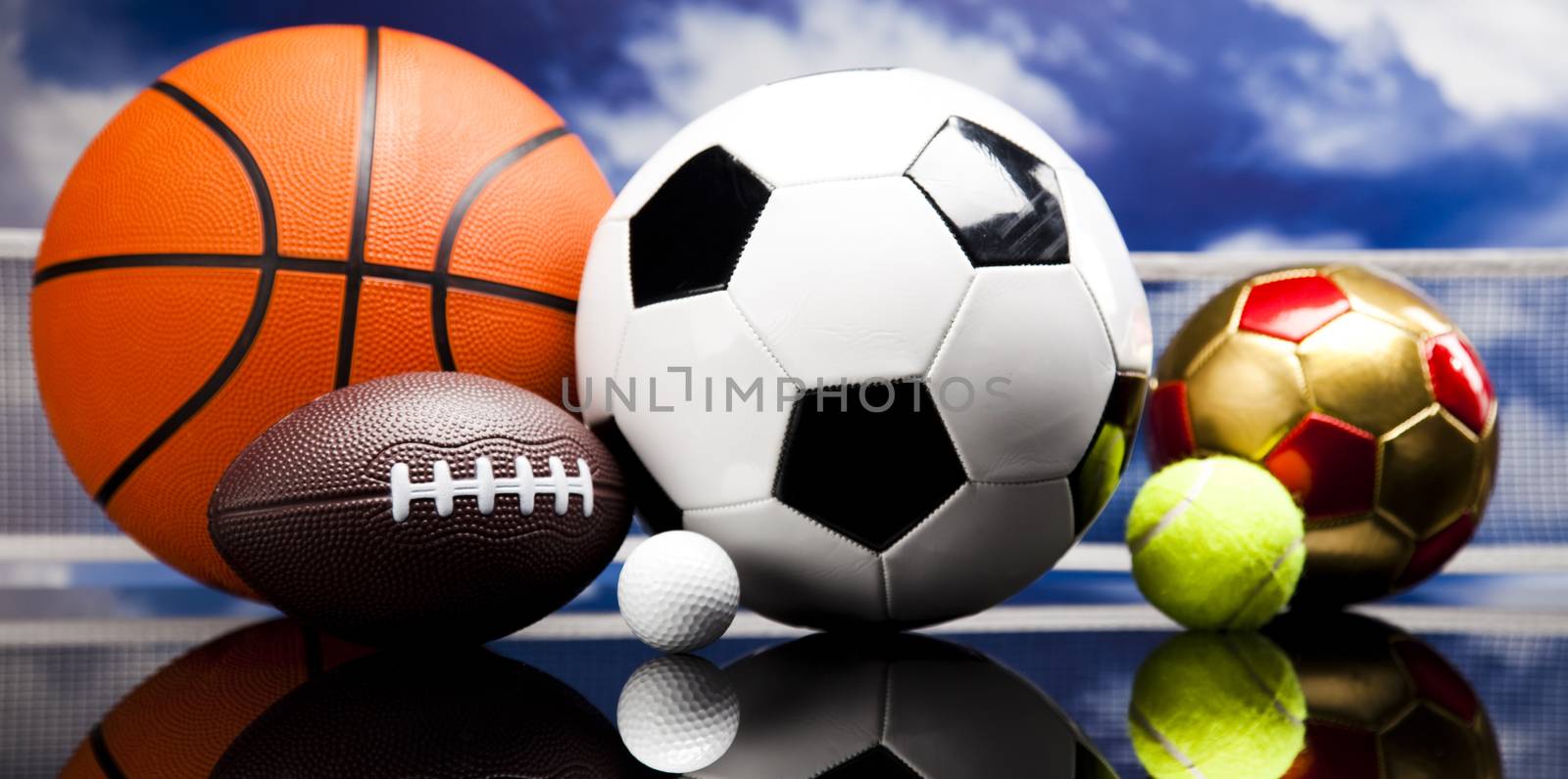 Assorted sports equipment, vivid colorful theme