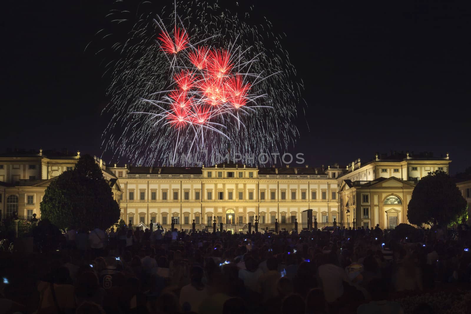 Fireworks on the historic Villa Reale for Saint John feast, Monza, Italy