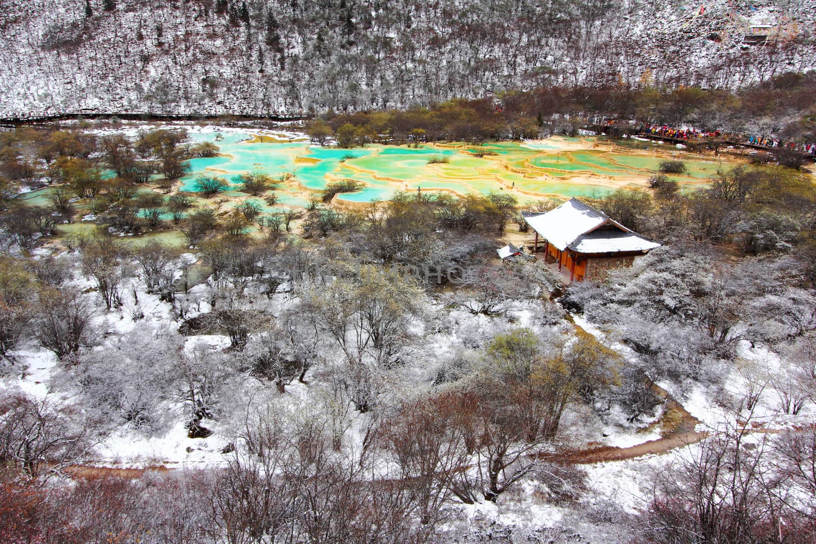 Huanglong Top Area green pond in winter snow season, Sichuan, China