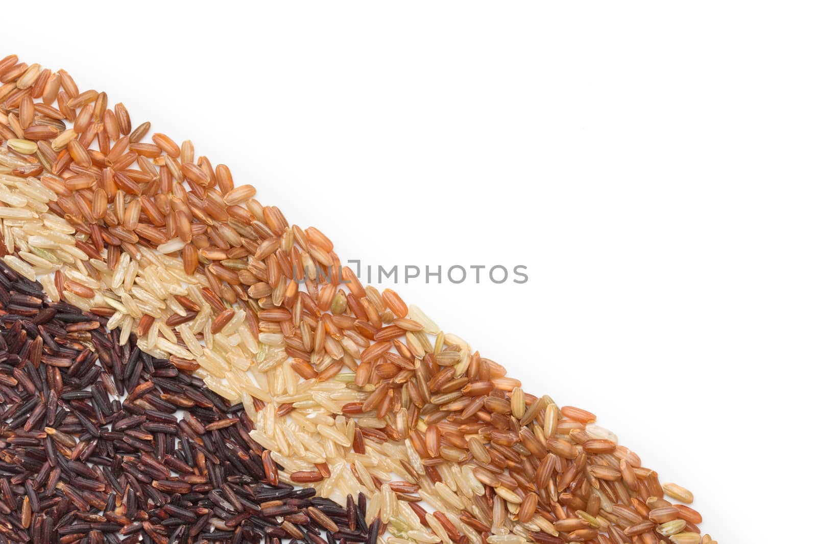 Three variety kinds of brown rice, black ,yellow and brown with copy space