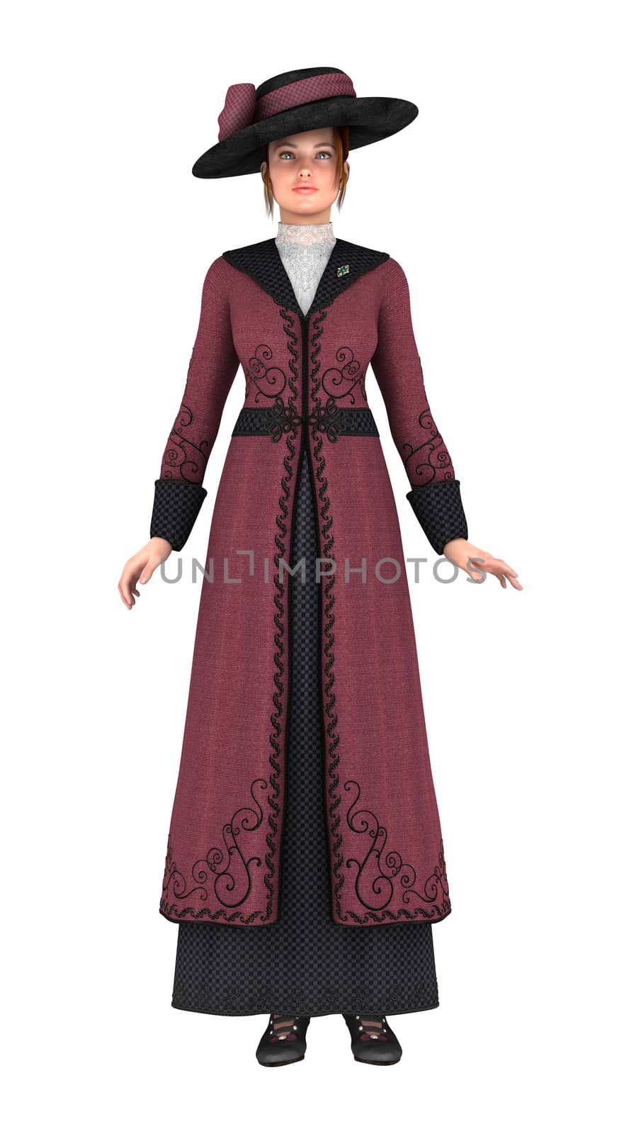 3D digital render of a beautiful lady wearing Victorian suit with battle fans isolated on white background