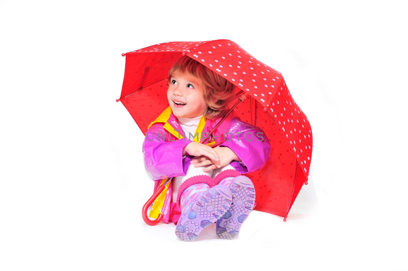 happy girl wearing raincoat and boots with umbrella 