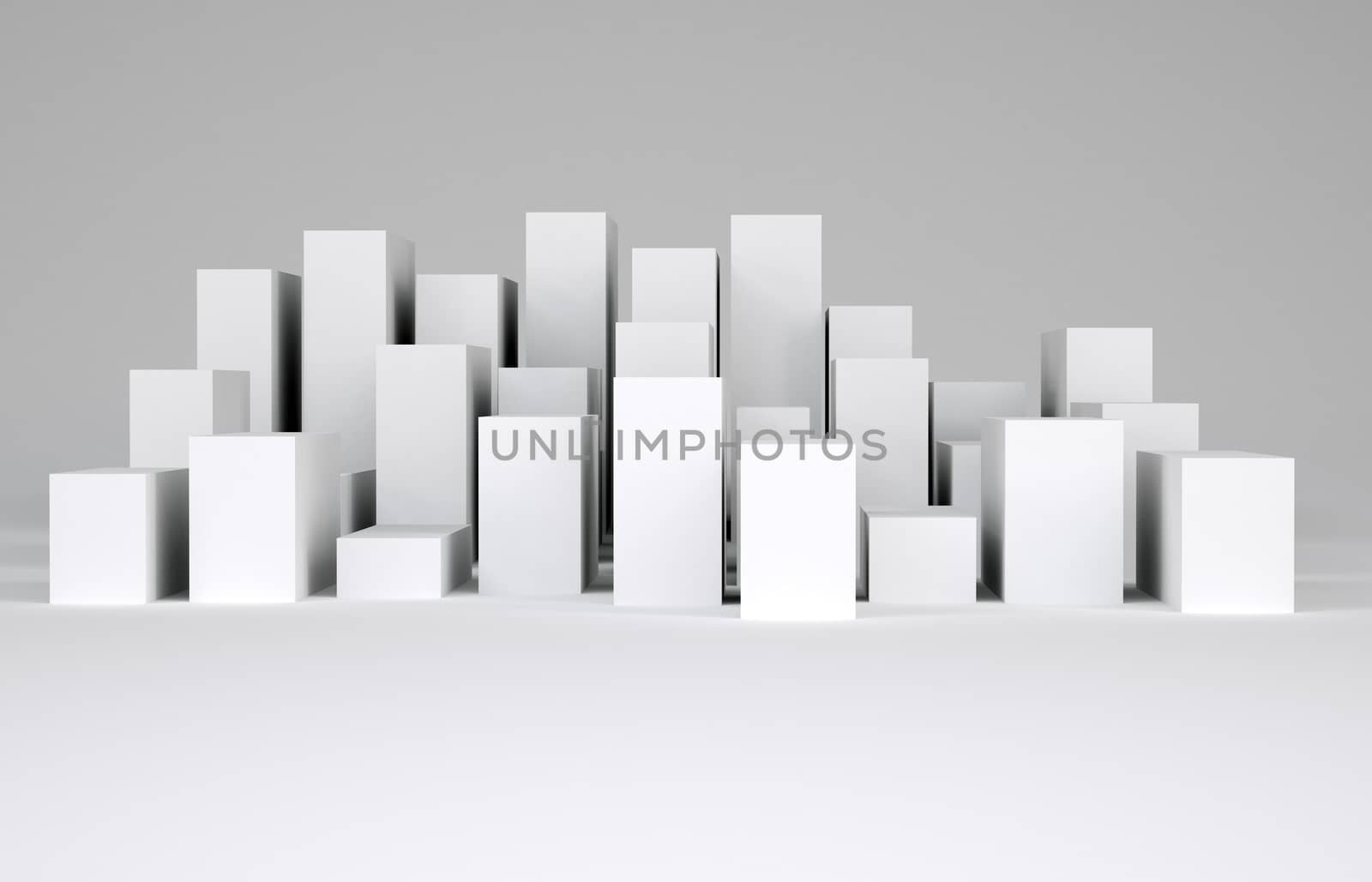 Many white cubes on gray background. Concept of urban construction