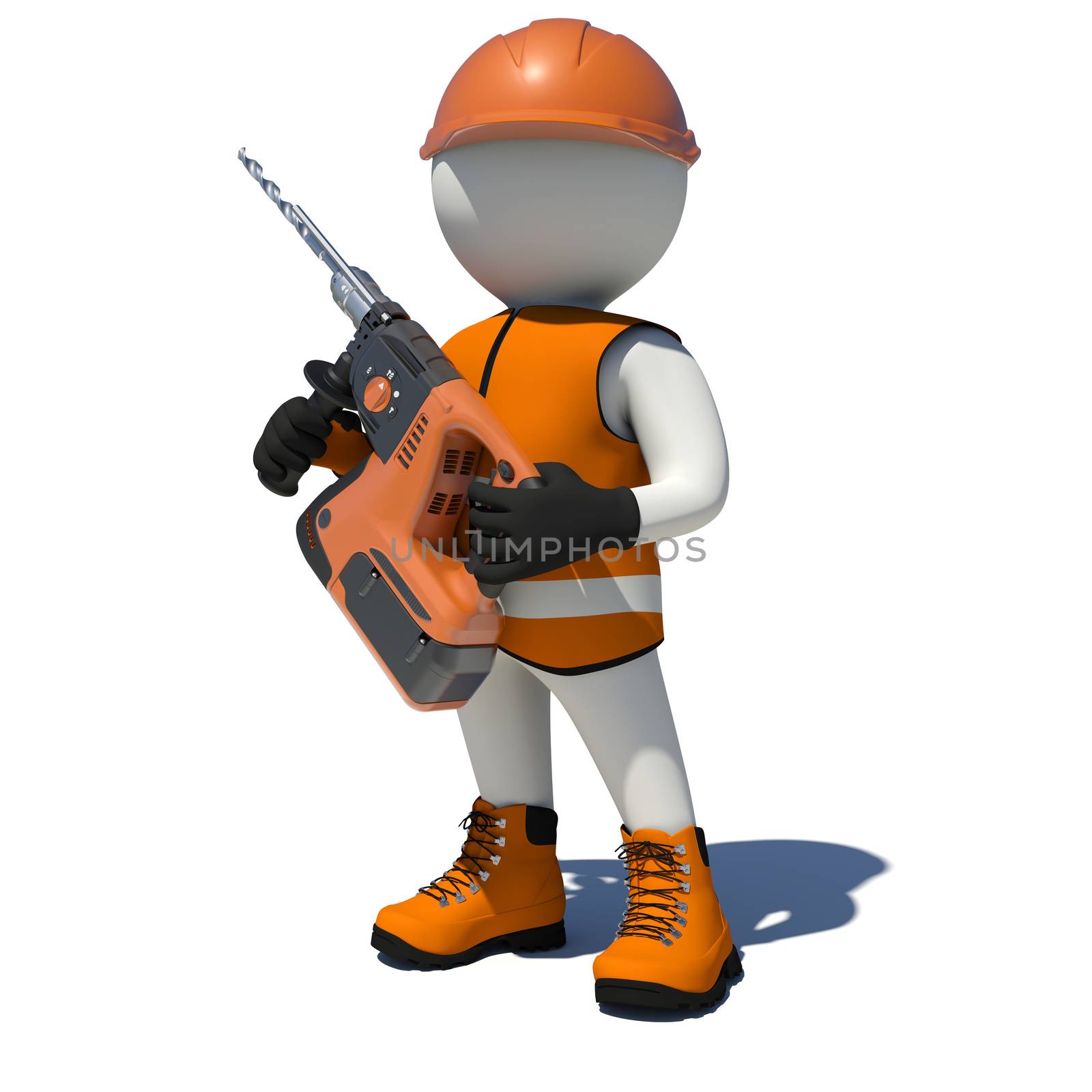 White man in vest, shoes and helmet holding electric perforator. Isolated by cherezoff