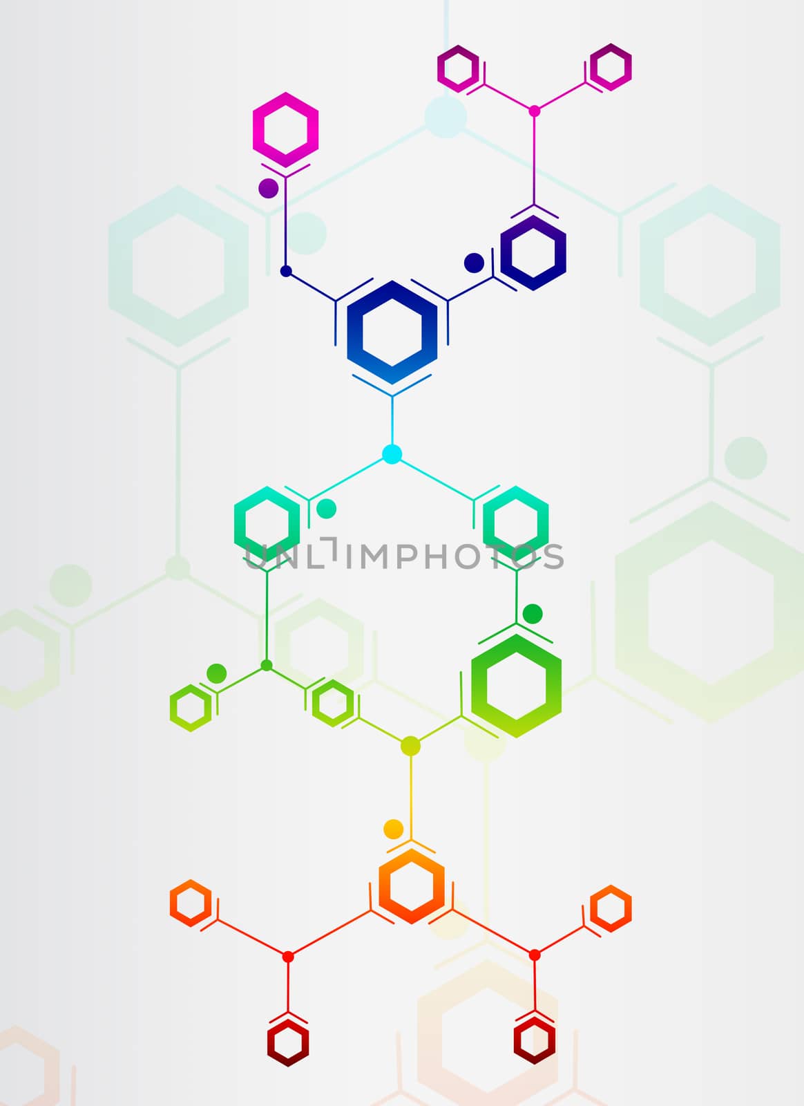 Abstract composition of colored lines and hexagons on white background