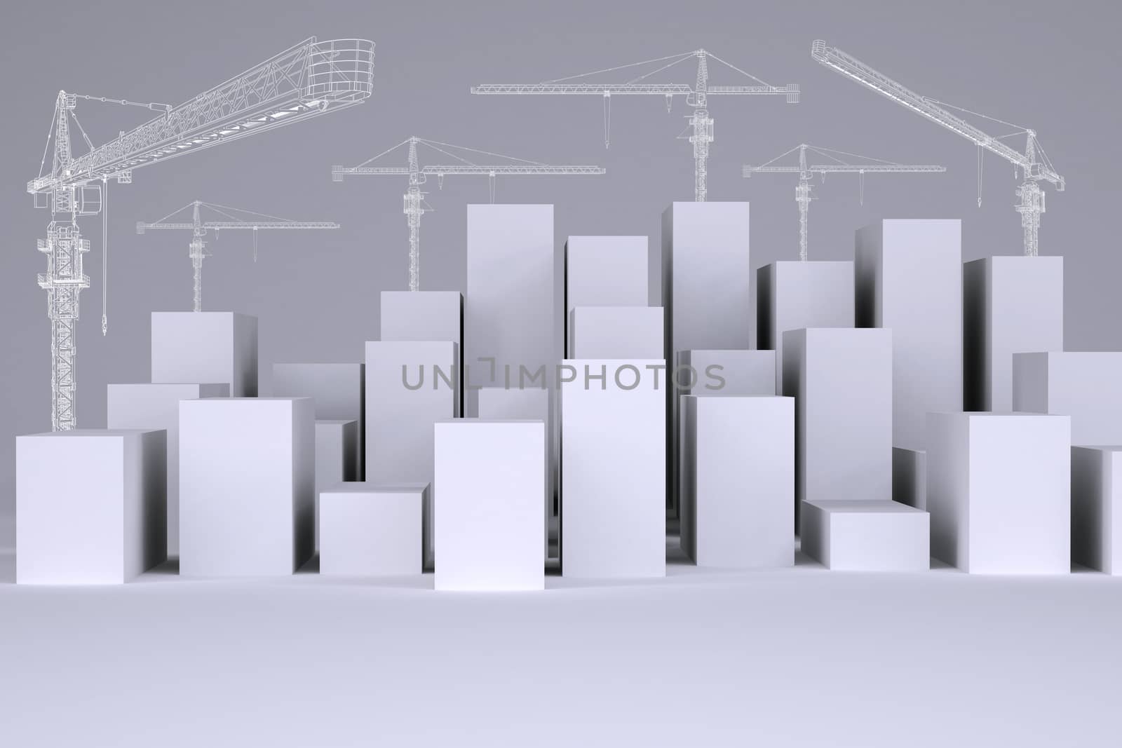 White cubes with wire-frame tower cranes on gray background. Concept of urban construction