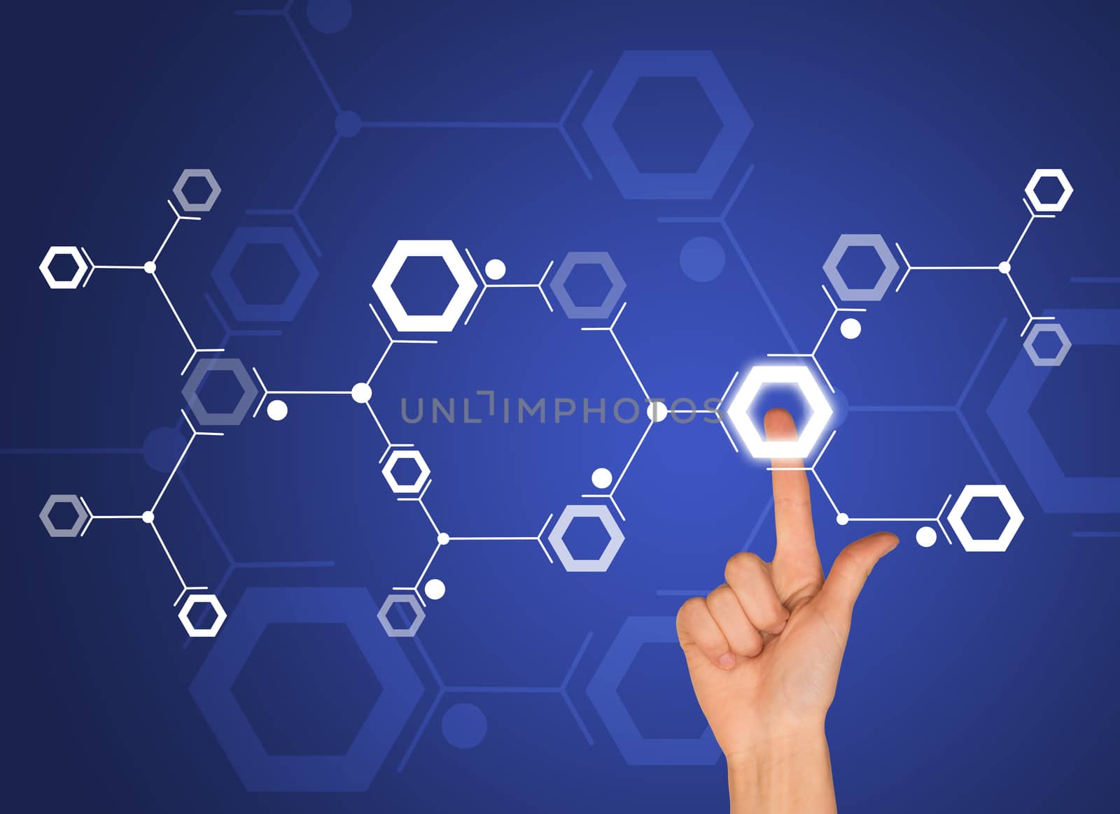 Forefinger presses on white hexagon on blue background. Connection concept