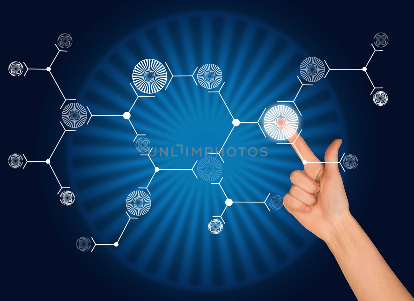 Forefinger presses on white circle on blue background. Connection concept