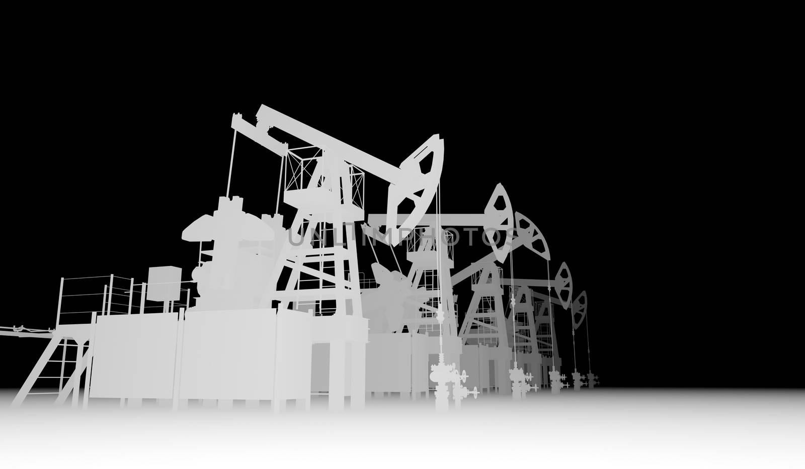 Gray silhuettes of oil pump-jacks. Industry concept