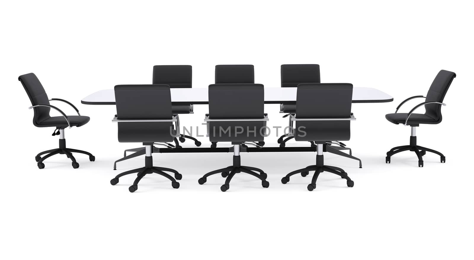Conference table and black office chairs. Isolated render on white background