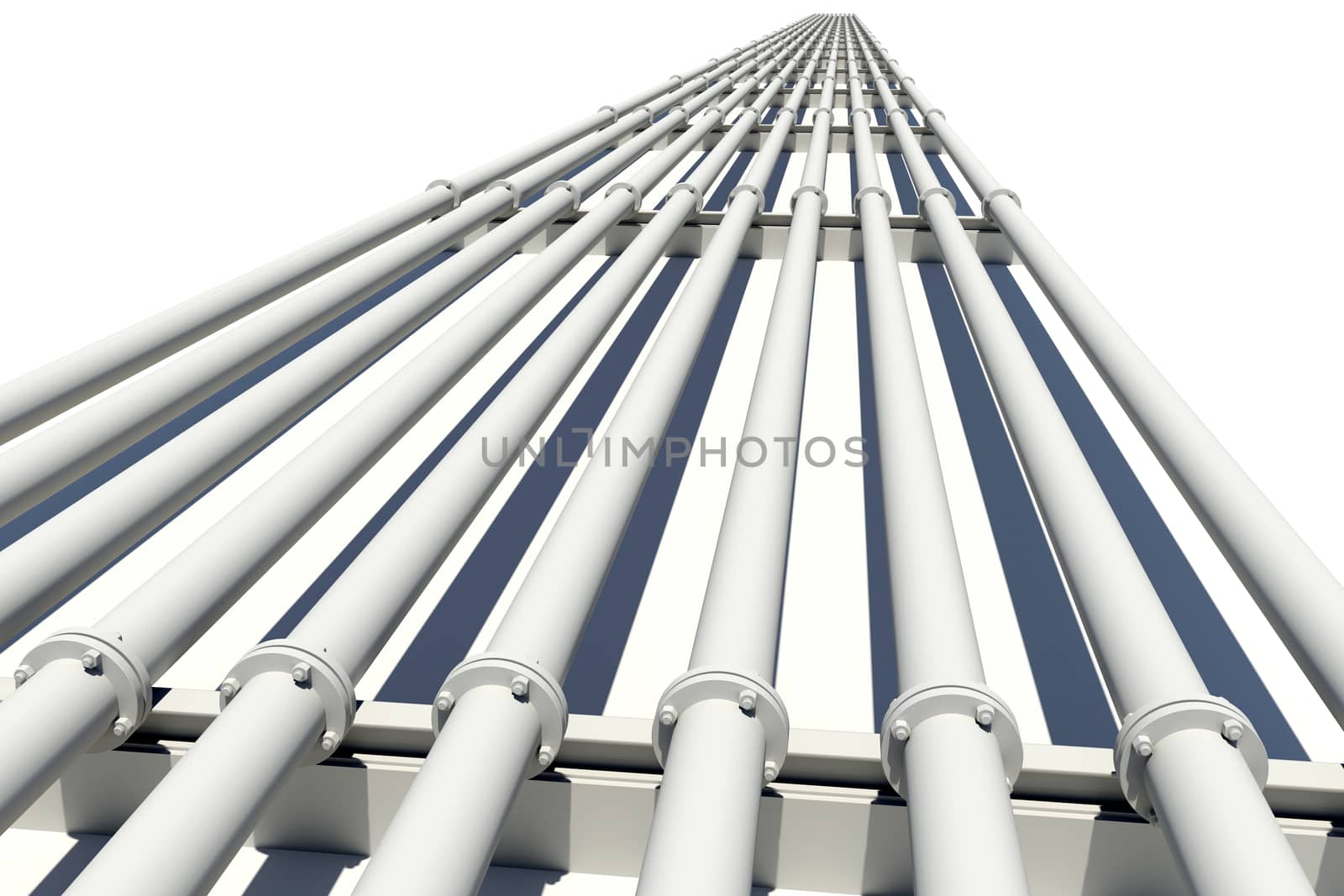 Industrial pipes stretching into distance. Isolated on white background