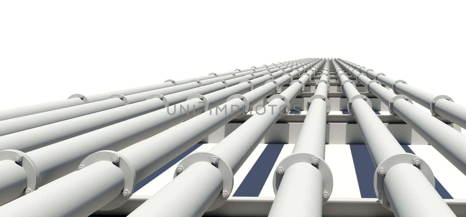 Many white industrial pipes with shadow. Isolated on white background