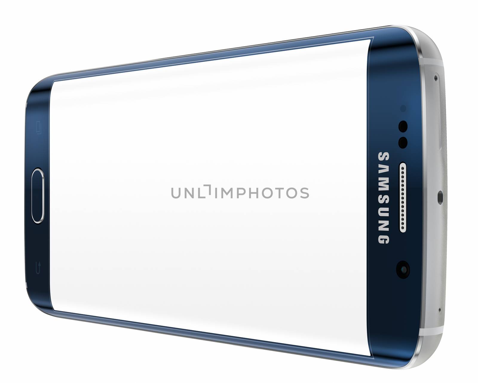 Galati, Romania - March 23, 2015: Samsung Galaxy S6 Edge is the first device with dual-curved glass display. The Samsung Galaxy S6 and Galaxy S6 Edge was launched at a press event in Barcelona on March 1 2015. Galaxy S6 has Quad HD Super AMOLED, 2560x1440, 577 PPI, Lightning-fast 64 bit and Octa-core processor.