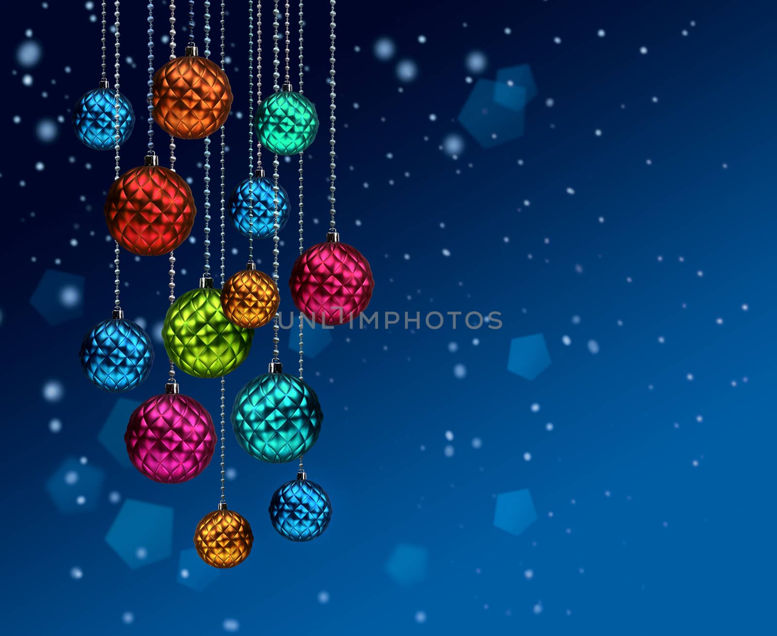 Group of colorful Christmas glass decoration balls on blue snowfall background