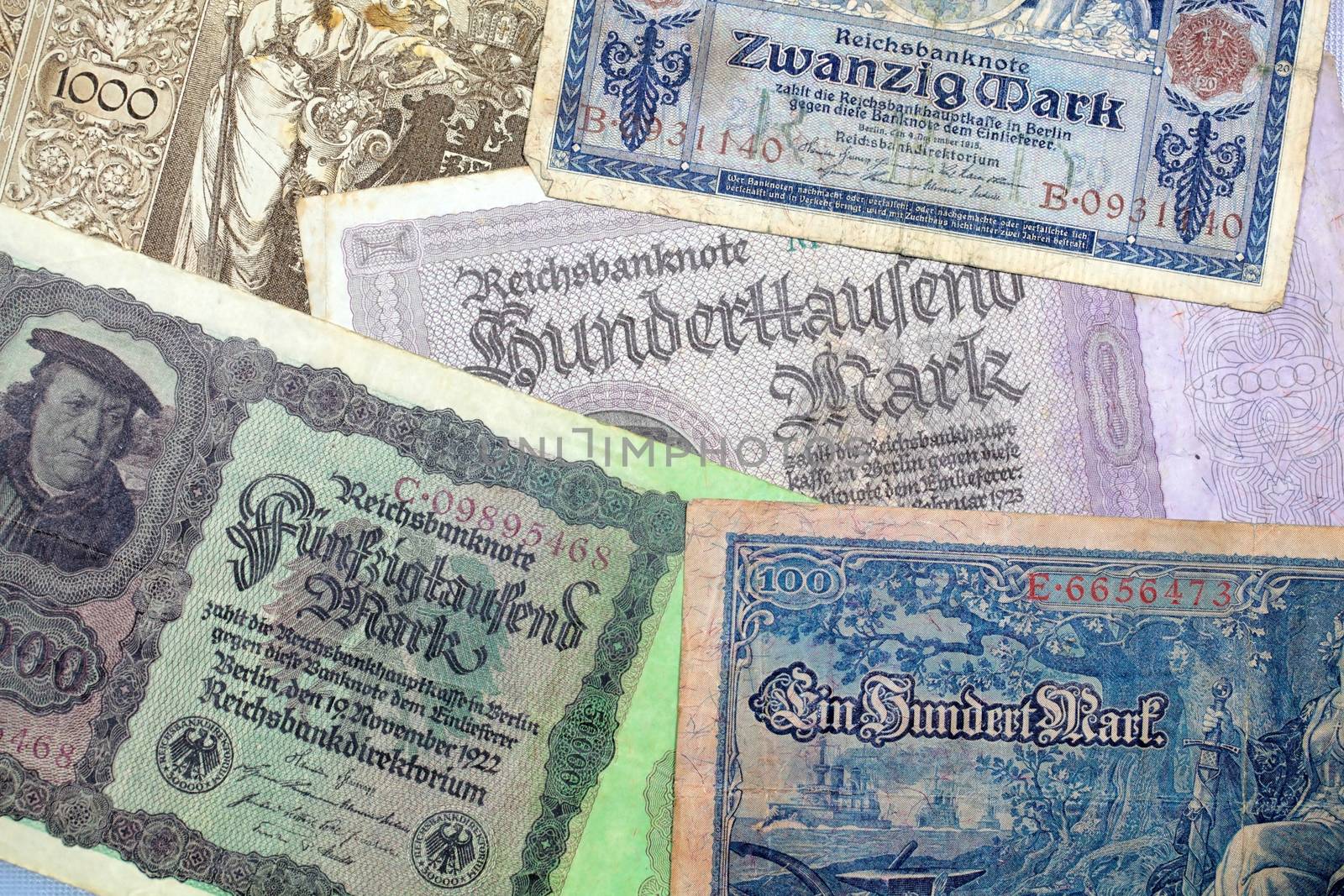 A collection of different historical banknotes from the depression in the twenties.
