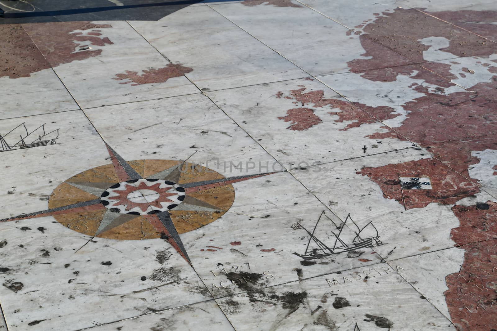 World map in front of the monument to the Discoveries (Padrao dos Descobrimentos), Lisbon, Portugal