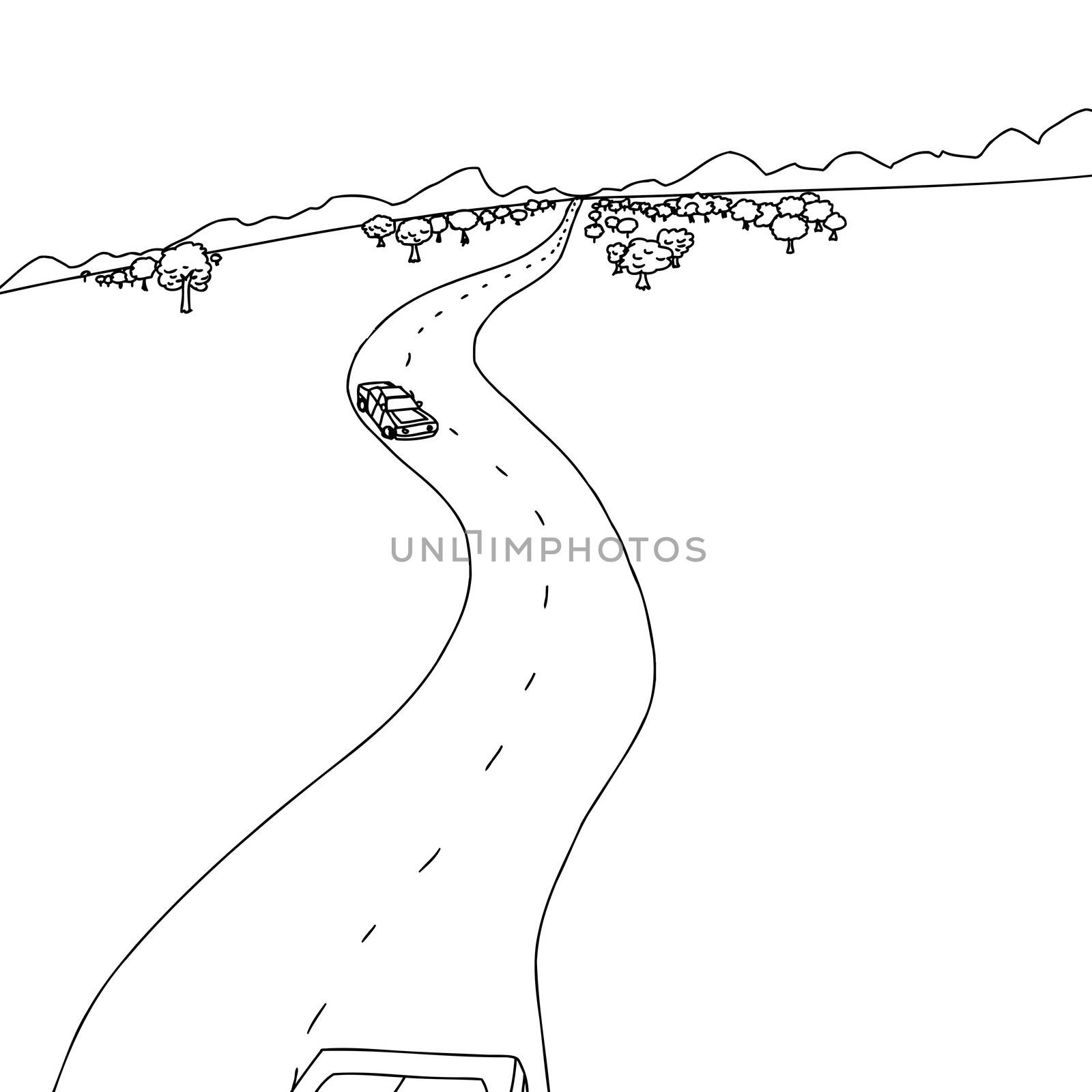 Hand drawn cartoon of cars on road to mountains