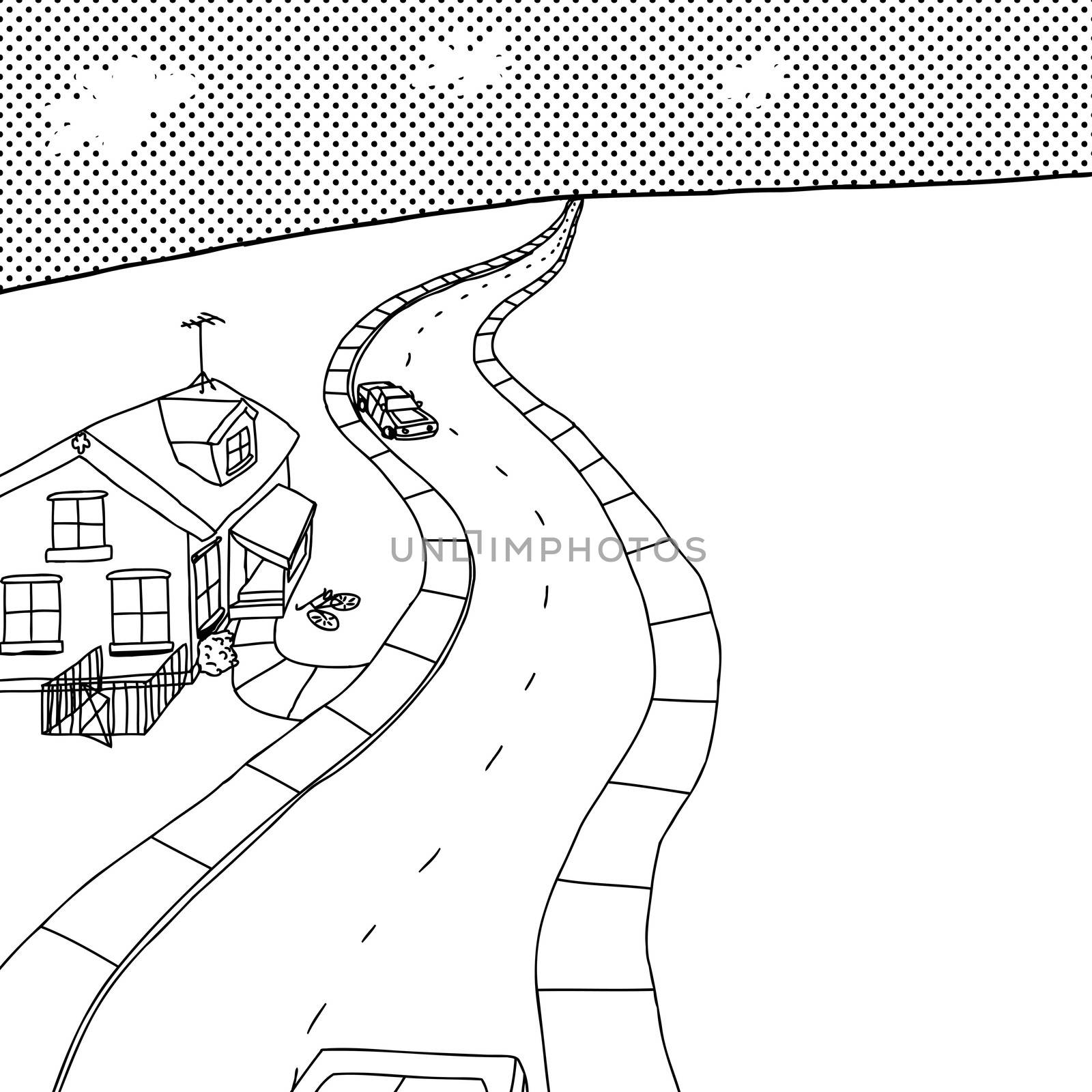 Outline cartoon of street with little house and cars