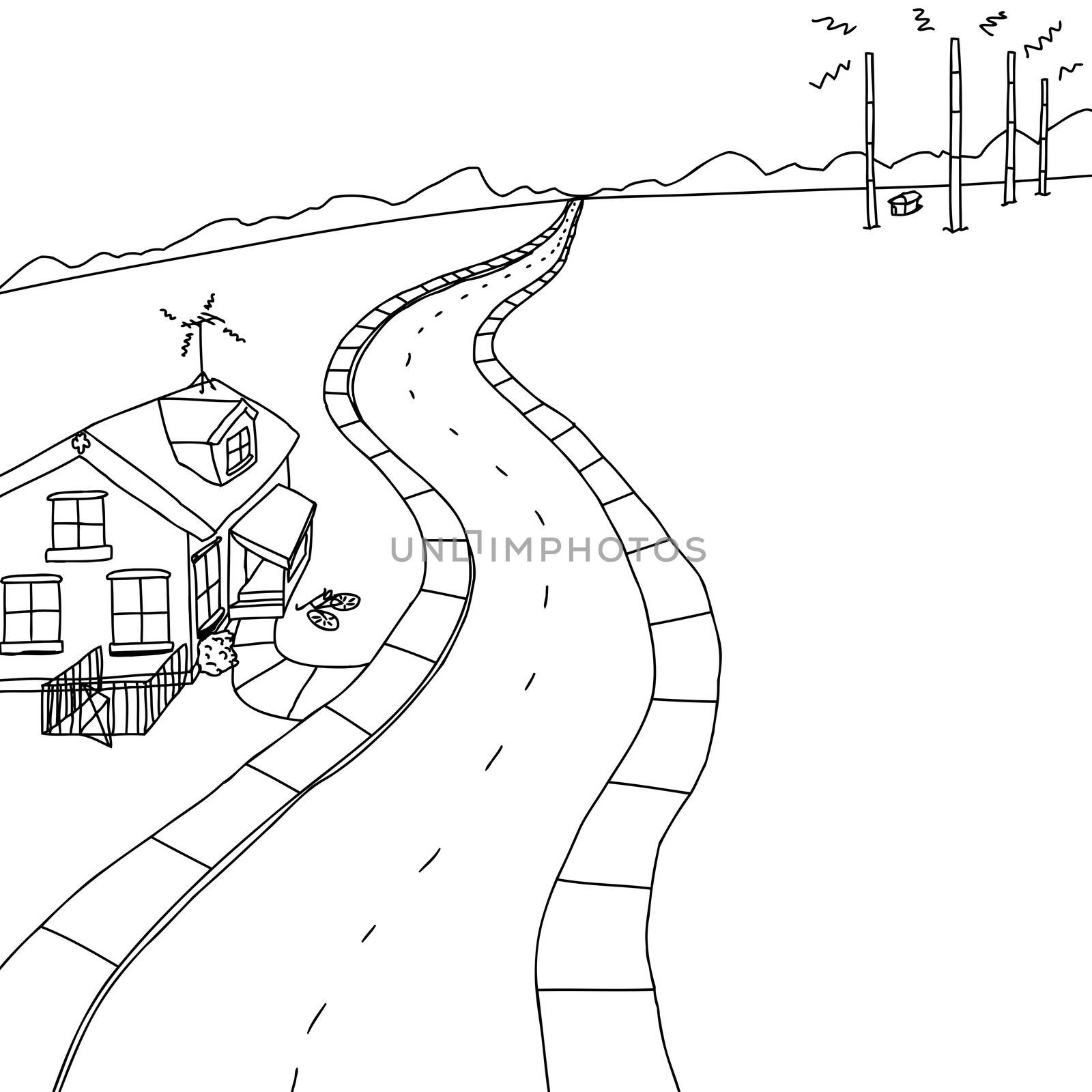 Outlined scene of little house on road near radio transmitter