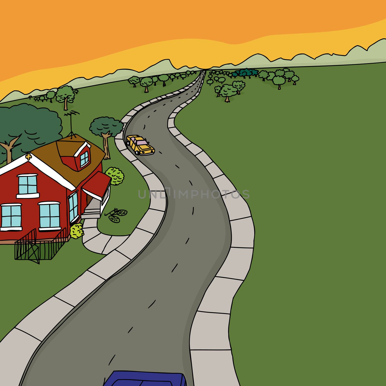 Cartoon rural scene of cars on road near yellow house