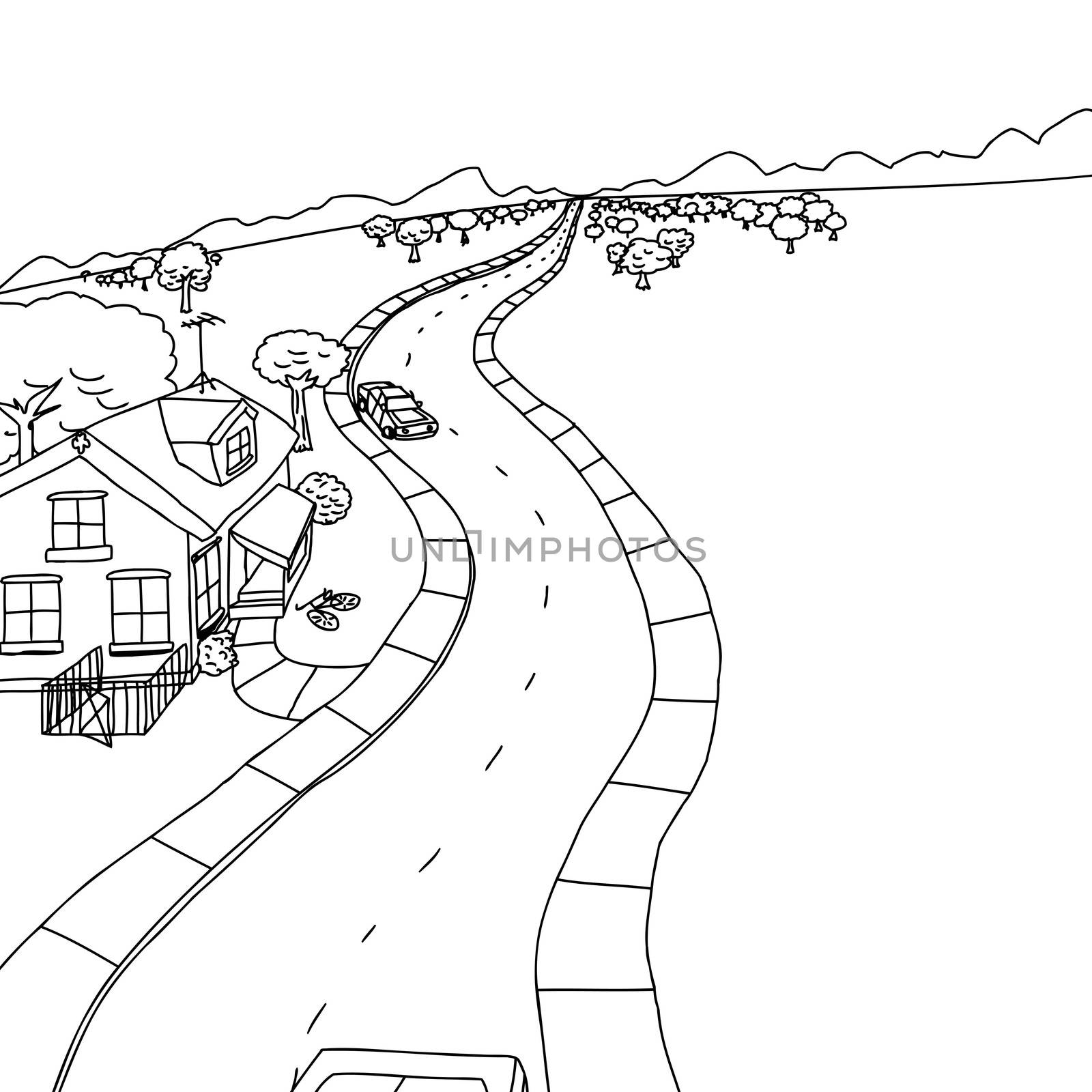 Outline drawing of house with trees along road