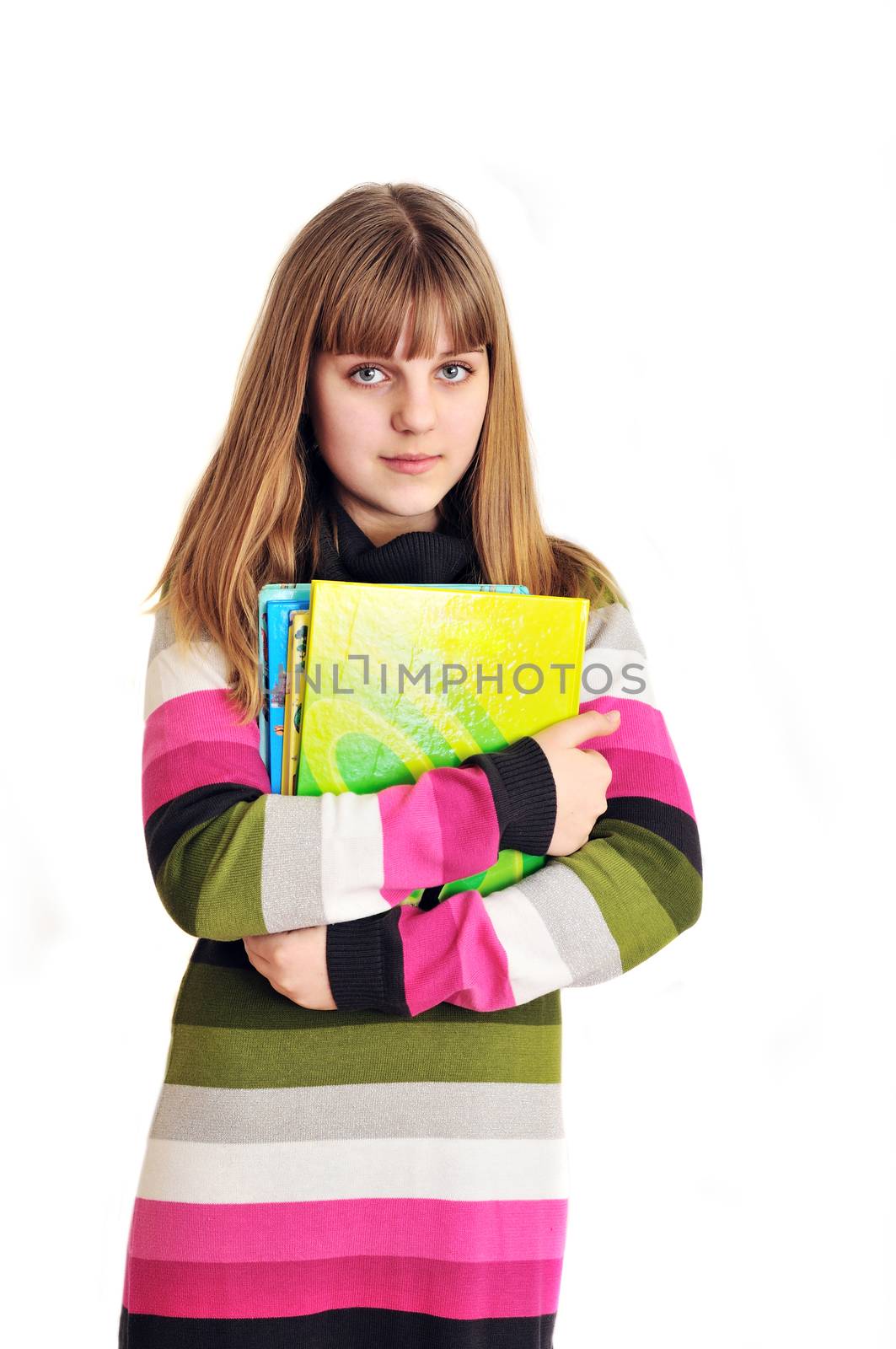school-girl wearing striped dress holding books