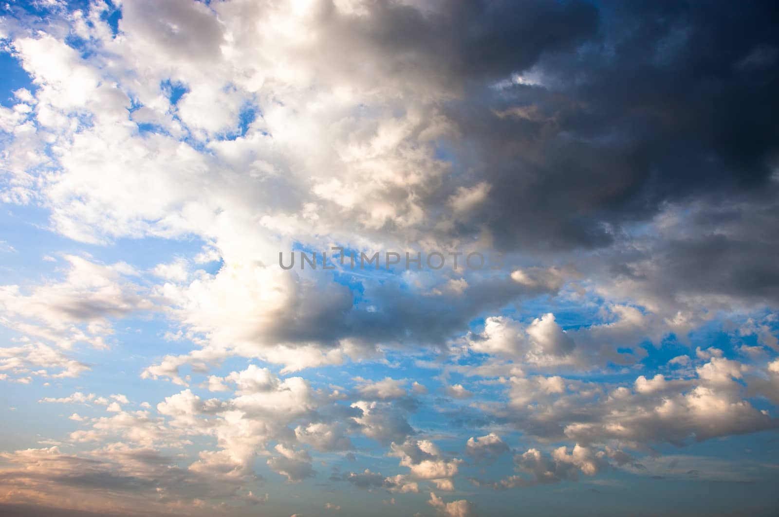 Blue sky with lots of white and gray clouds