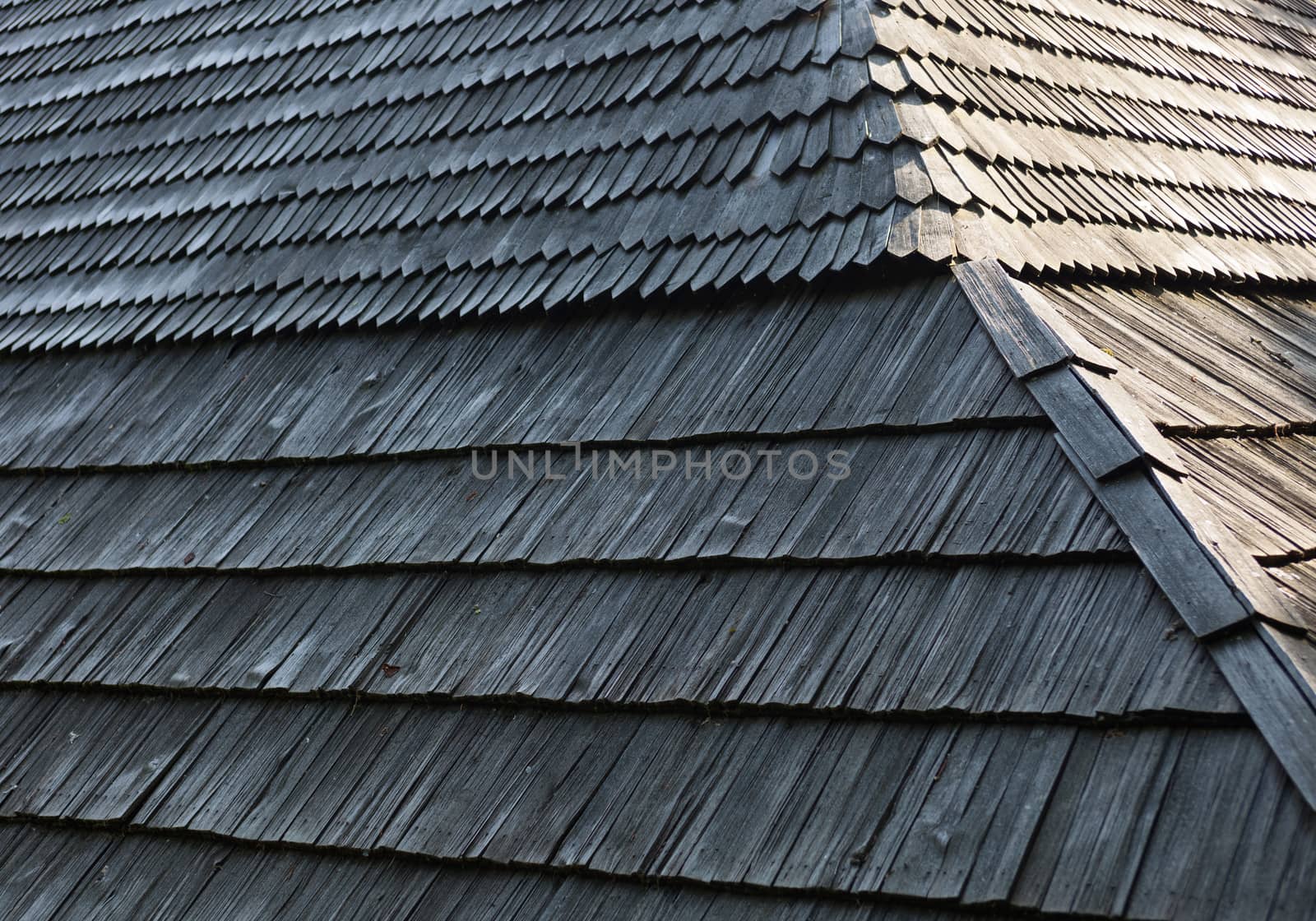 Old wooden shingle roof with rich texture.