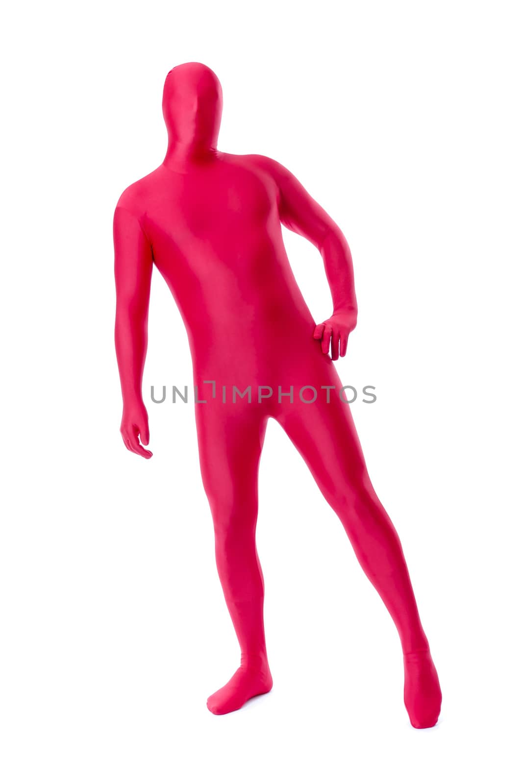 A handsome man in a red body suit isolated on a white background