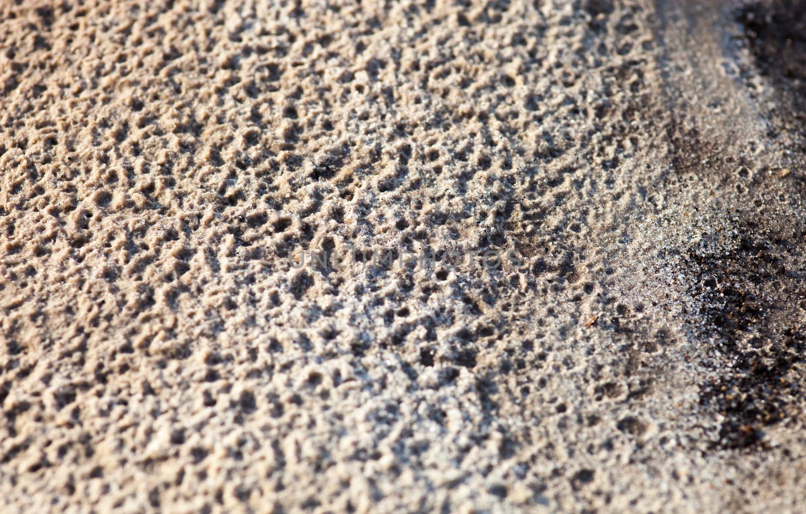 Sand surface after the rain with the visible traces of the raindrops