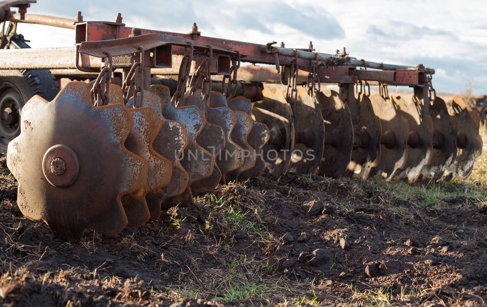 Disc harrow used to cultivate the soil. Close up.