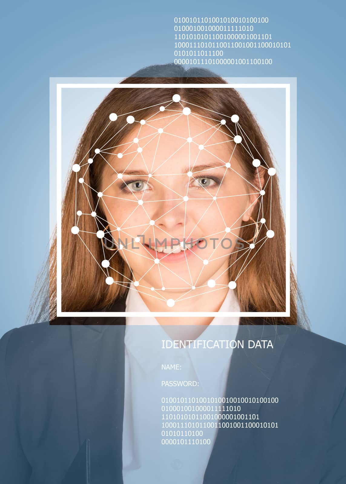 Concept of person identification. Girl face with lines, frame and text. Blue background