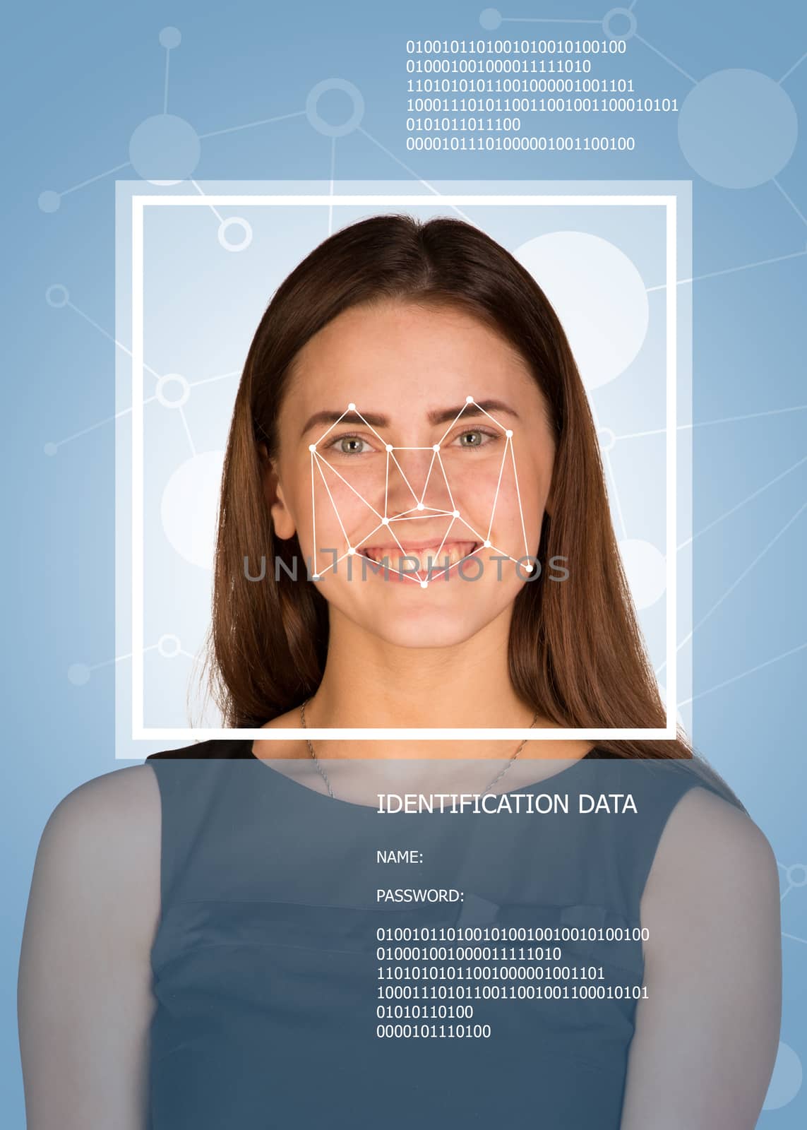 Concept of person identification. Woman looking at camera. Face with lines by cherezoff