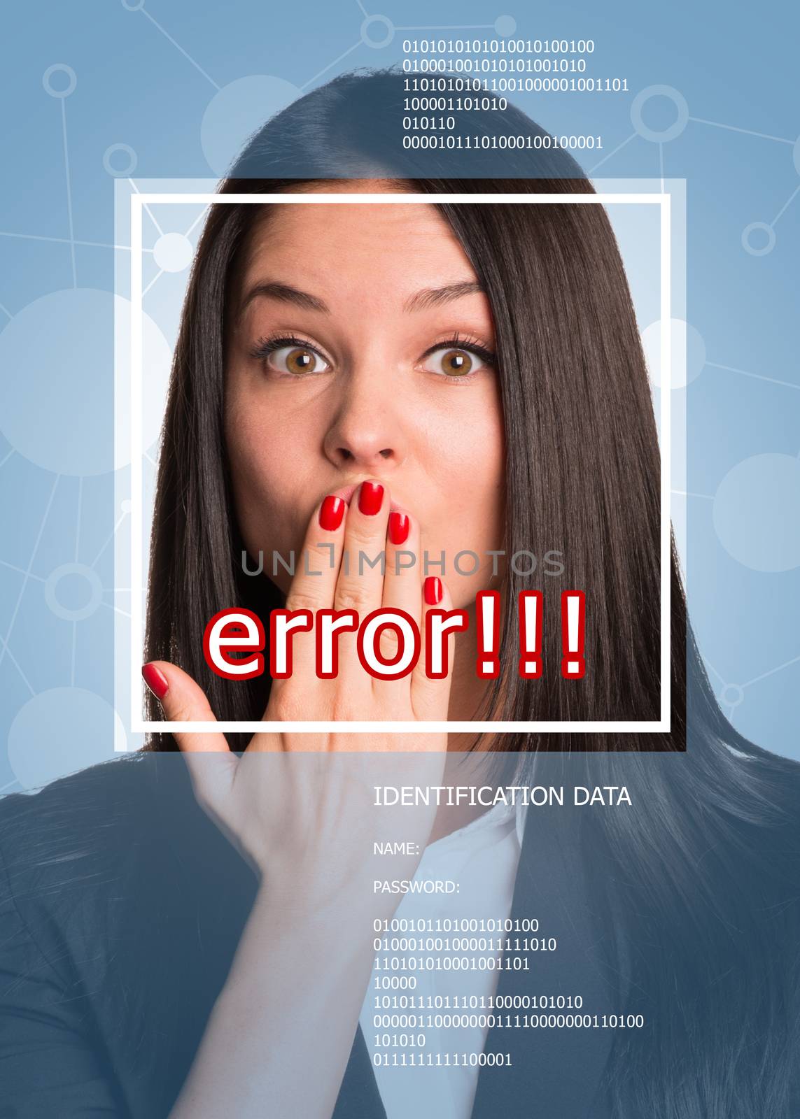 Concept of person identification. Girl covered her mouth with hands. Word ERROR. Blue background