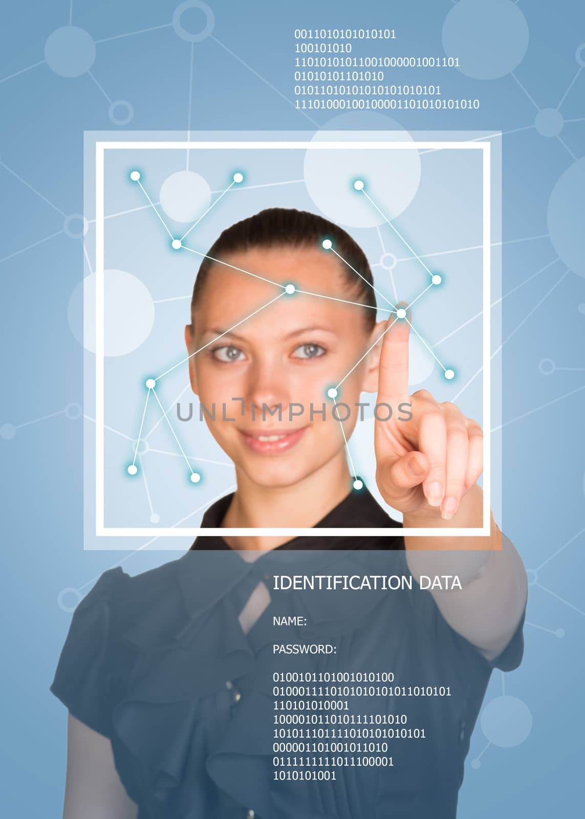Concept of technology. Beautiful brunette in dress pointing finger on virtual grid. Frame and text. Blue background