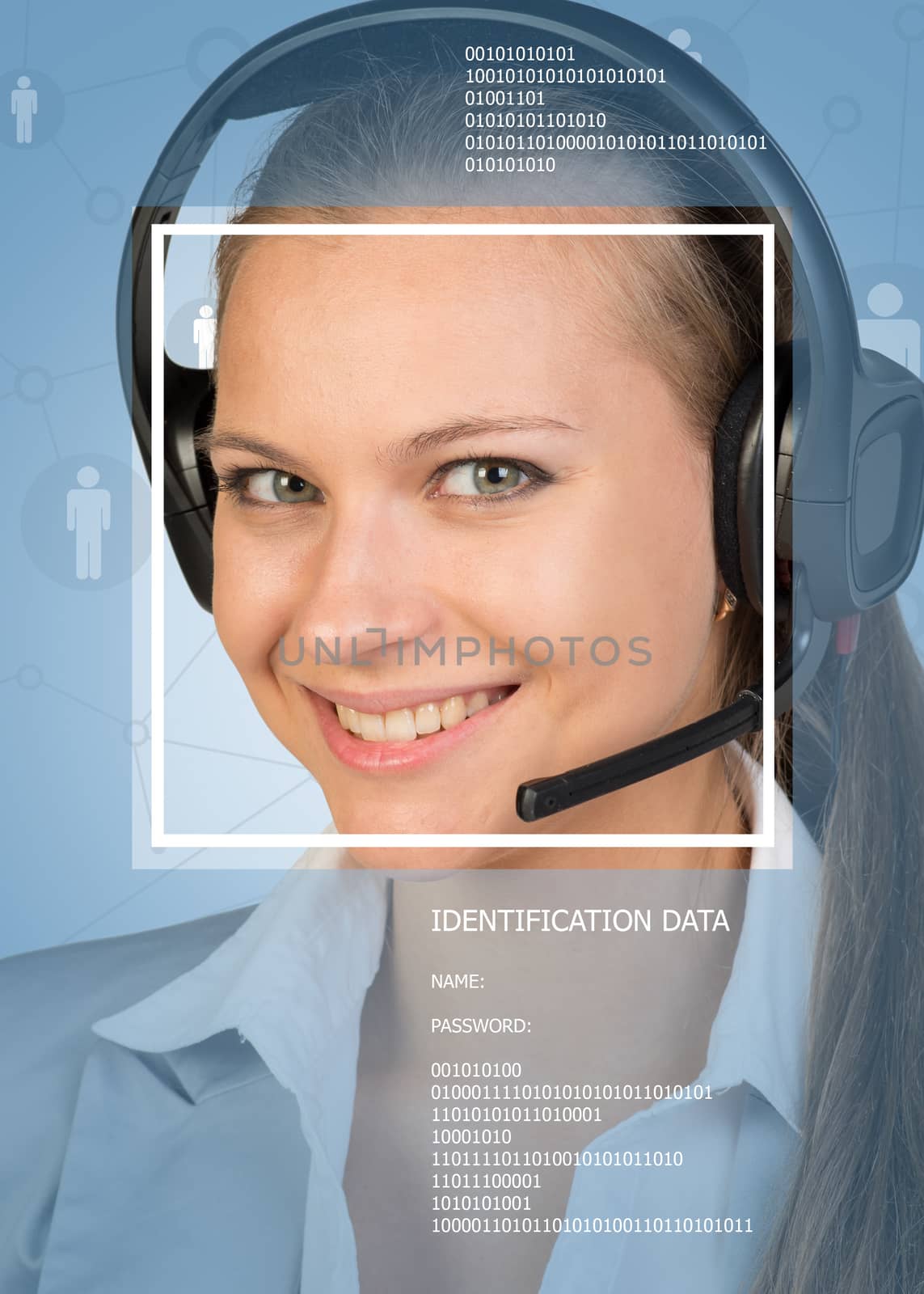 Concept of support service. Beautiful smiling girl in headphones with microphone, frame and text. Blue background