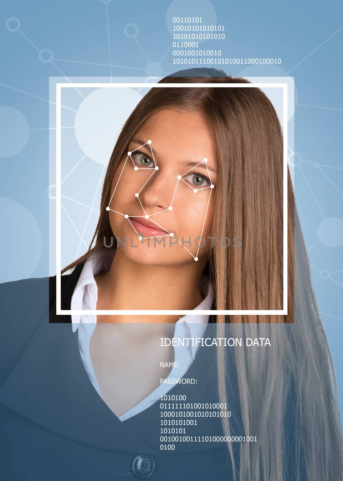 Concept of person identification. Beautiful girl. Face with lines, frame and text. Blue background