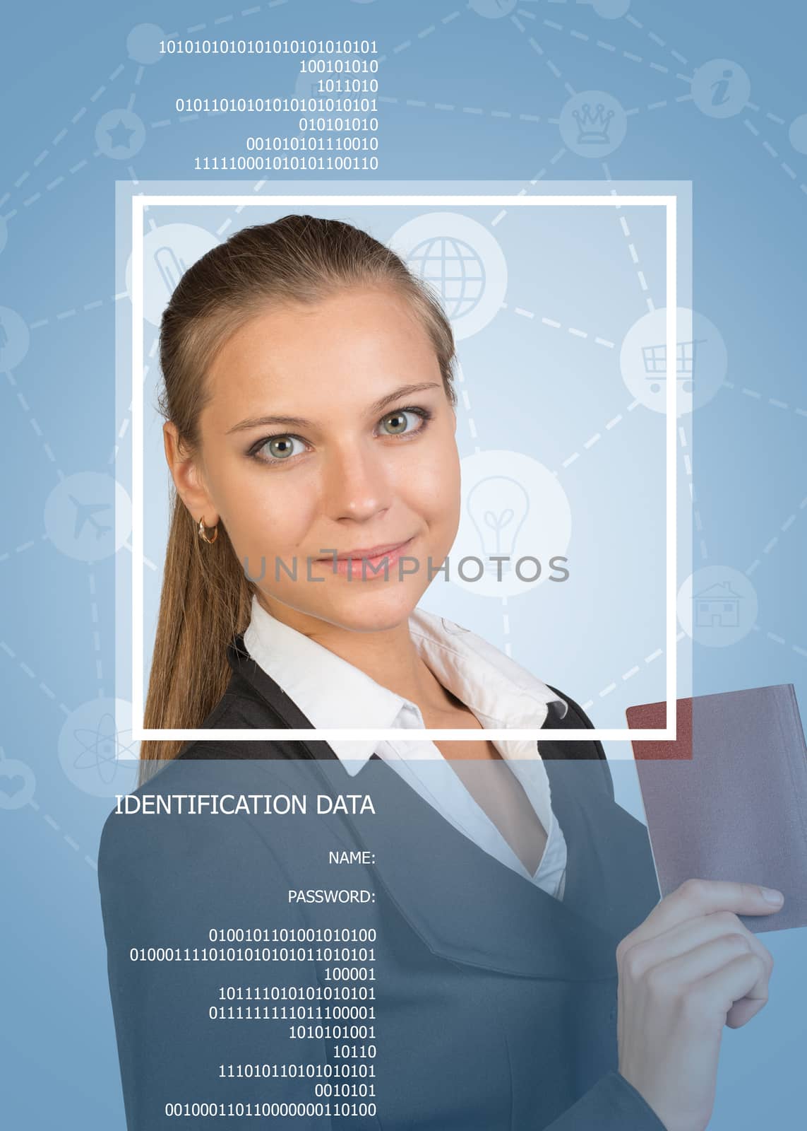 Concept of person identification. Woman in suit, holding passport, looking at camera, smiling. Frame and text. Blue background